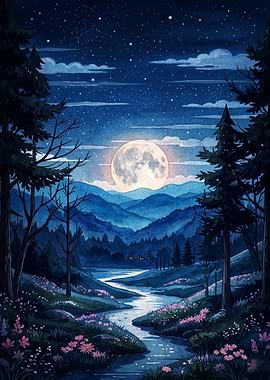 Moonlit Forest Night Watercolor Art