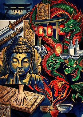 Vibrant Japanese Cultural Collage Art