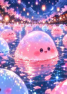 Cute Glowing Slimes in Night Pond