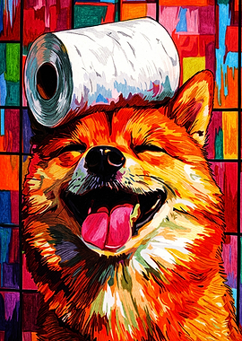 Colorful Shiba Inu with Toilet Paper