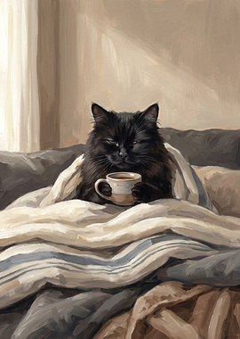 Cozy Black Cat With Coffee