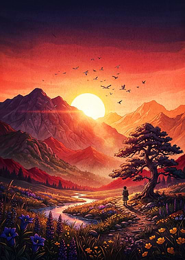 Sunset Valley Nature Art Poster