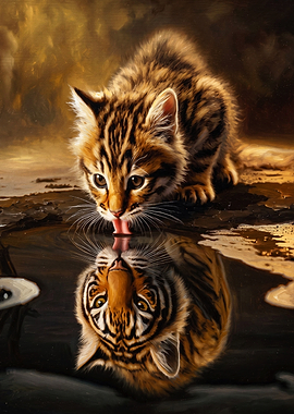 Kitten Tiger Reflection Oil Art