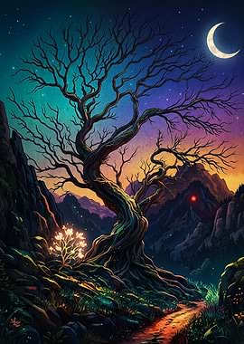 Magical Night Tree Fantasy Art