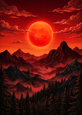 Red Moon Mountain Dark Landscape Ar