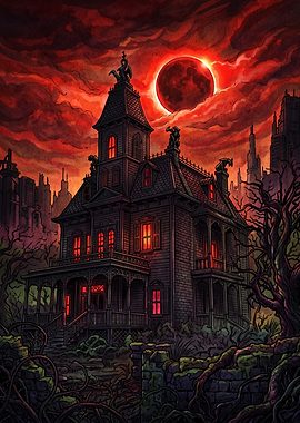 Haunted Victorian Mansion Under Blood Moon