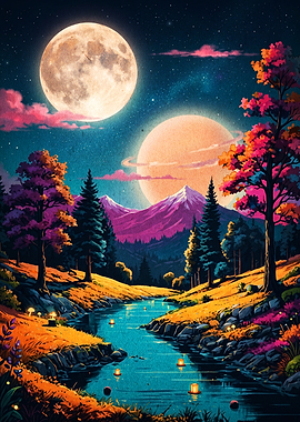 Double Moon Forest River Art