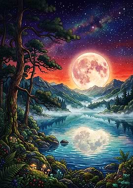 Moonlit Forest Night Lake Art
