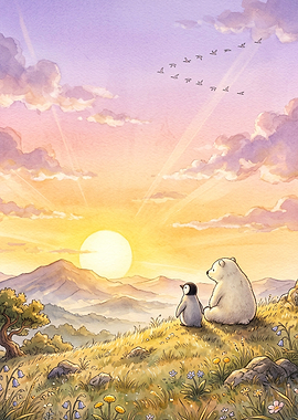 Bear and Penguin Sunset Watercolor