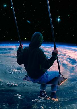 Person Swinging Above Planet Earth