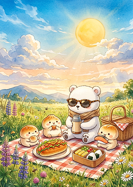 Cute Bear Picnic Watercolor Art