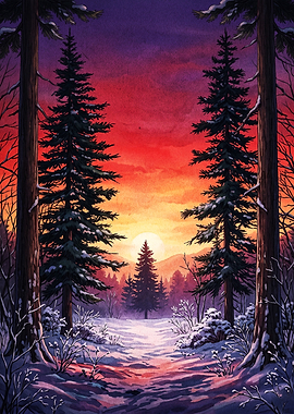 Winter Pine Forest Sunset Poster