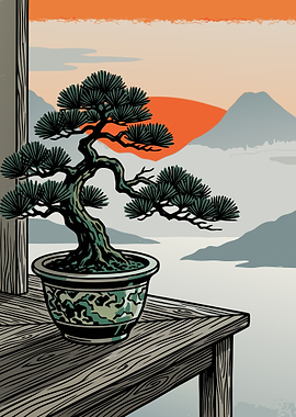 Bonsai Tree at Sunset Illustration