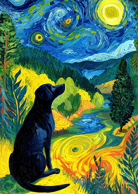 Black Labrador in Starry Night Landscape