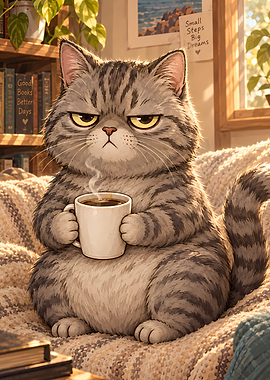 Grumpy Tabby Cat Drinking Coffee