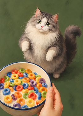 Fluffy Cat Looking at Cereal Bowl