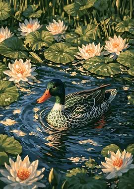 Mallard Duck Among Water Lilies