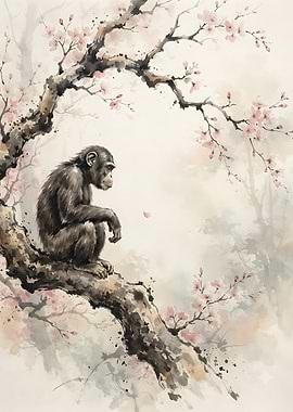 Chimpanzee Sitting in Cherry Blossom Tree