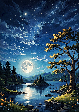 Moonlit Night Forest Painting Art