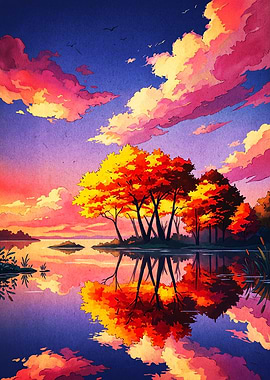 Sunset Lake Watercolor Art Poster