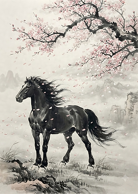 Black Horse Under Cherry Blossoms