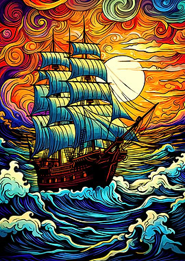 Vibrant Van Gogh Style Sailing Ship