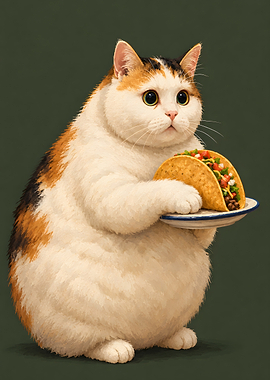 Chubby Calico Cat Holding a Taco