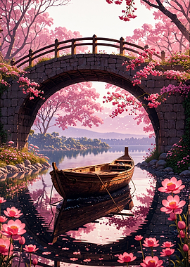 Serene Boat Under Cherry Blossom Bridge Japan