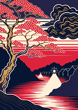 Stylized Japanese Landscape with Cherry Tree