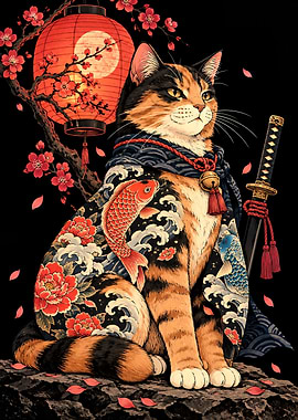 Samurai Calico Cat with Katana