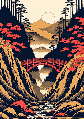 Japanese Red Bridge Mountain Landscape