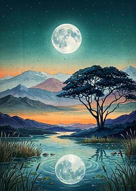 Moonlit River Mountain Landscape