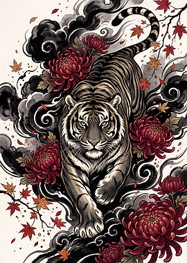 Japanese Tiger and Chrysanthemum Art
