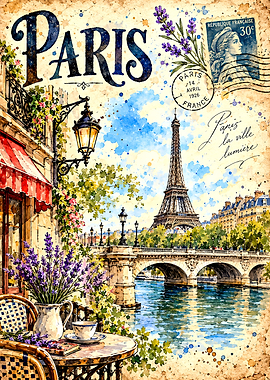 Vintage Paris Eiffel Tower Watercolor Poster