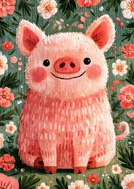 Cute Pink Piglet in Floral Garden
