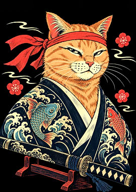 Orange Tabby Samurai Cat Illustration