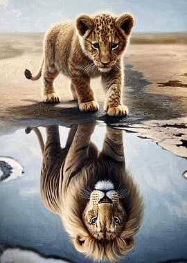 Lion Cub Reflection Oil Painting