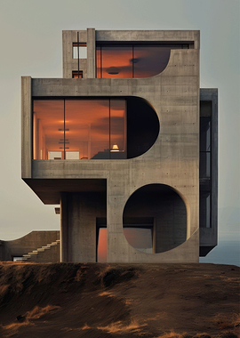 Brutalist Concrete House at Sunset