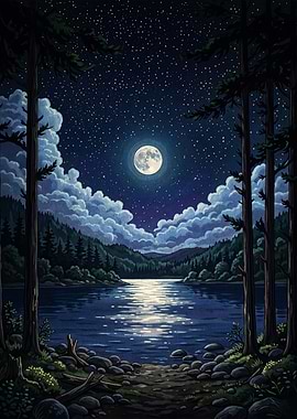 Moonlit Night Lake Nature Poster