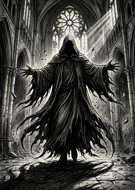 Dark Hooded Figure in Ruined Cathedral