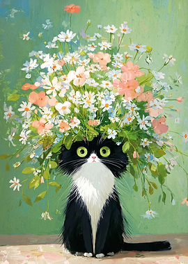 Black and White Cat with Flowers