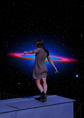 Woman standing on rooftop in space