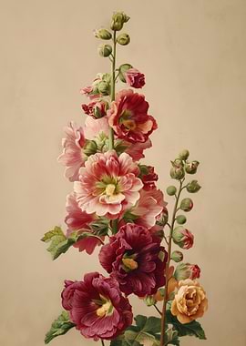 Vintage Botanical Illustration of Hollyhocks