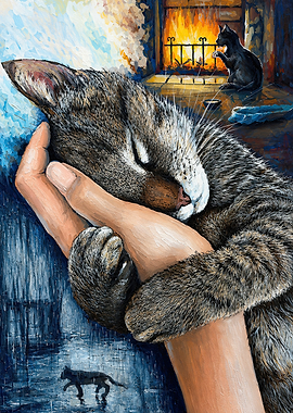 Cozy Cat Sleeping in Human Hand