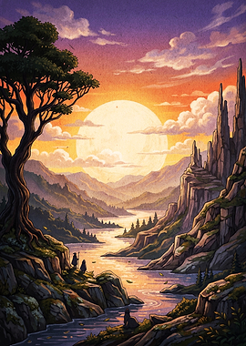 Fantasy Valley Sunset Concept Art