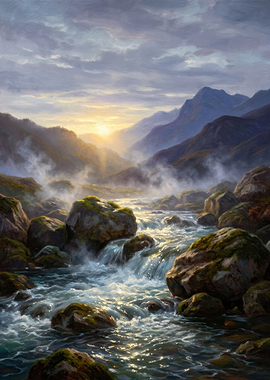 Misty Mountain Stream at Sunrise