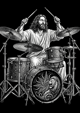 Jesus Playing Drums with Lion Emblem