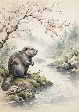 Beaver by a Cherry Blossom Stream