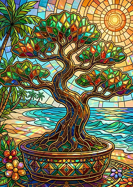 Stained Glass Bonsai Tropical Beach Scene