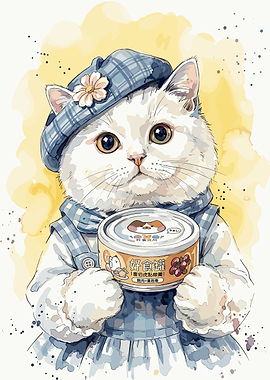 Cute Cat Holding Food Can